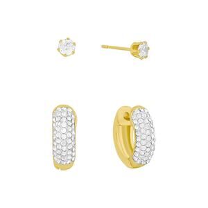 And Now This Gold Plated Clear CZ Crystal Hoop & Stud Duo Earrings Set NEW